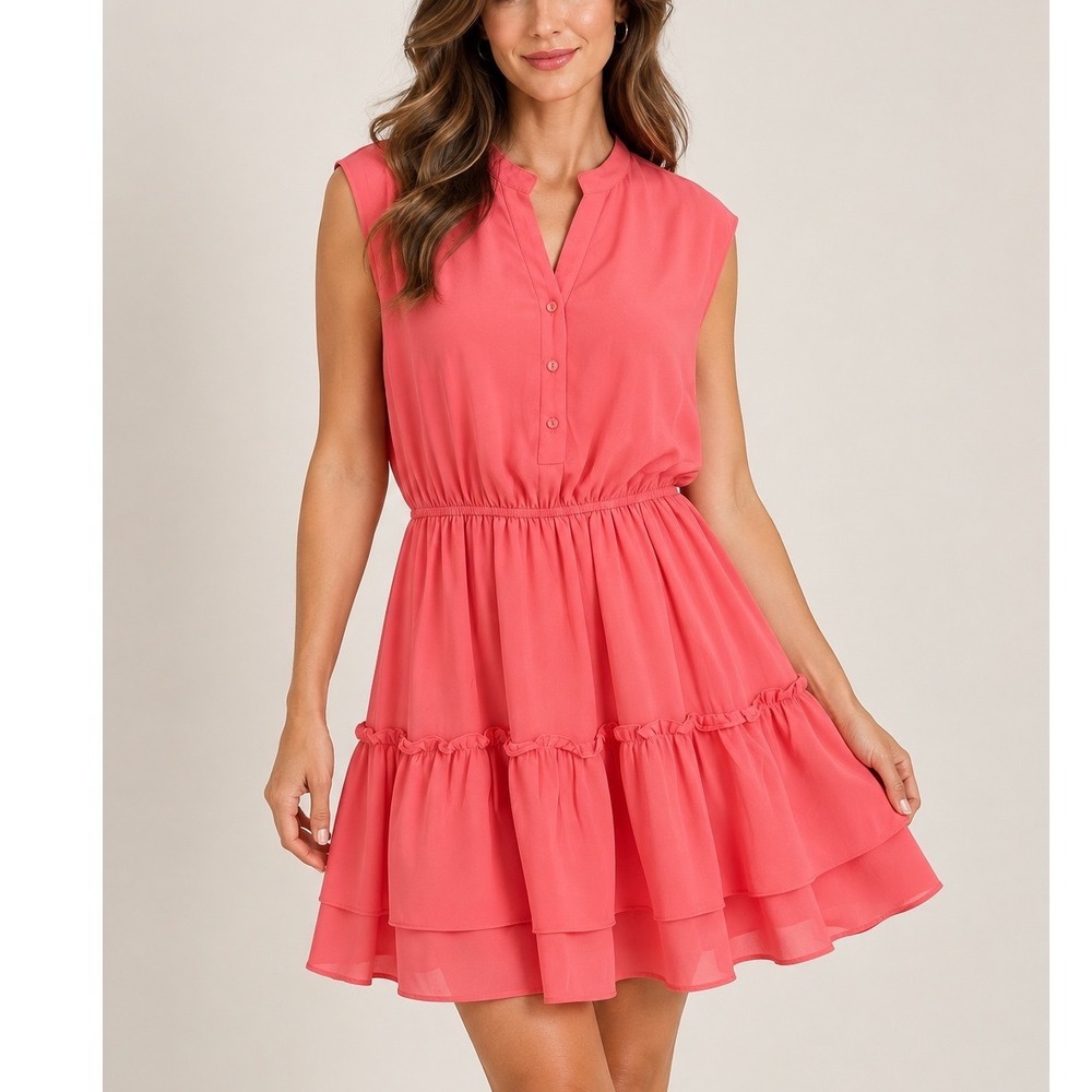 Joy Joy Coral Pink Tiered Ruffle Mini Dress Sleeveless Split Neck Size Large